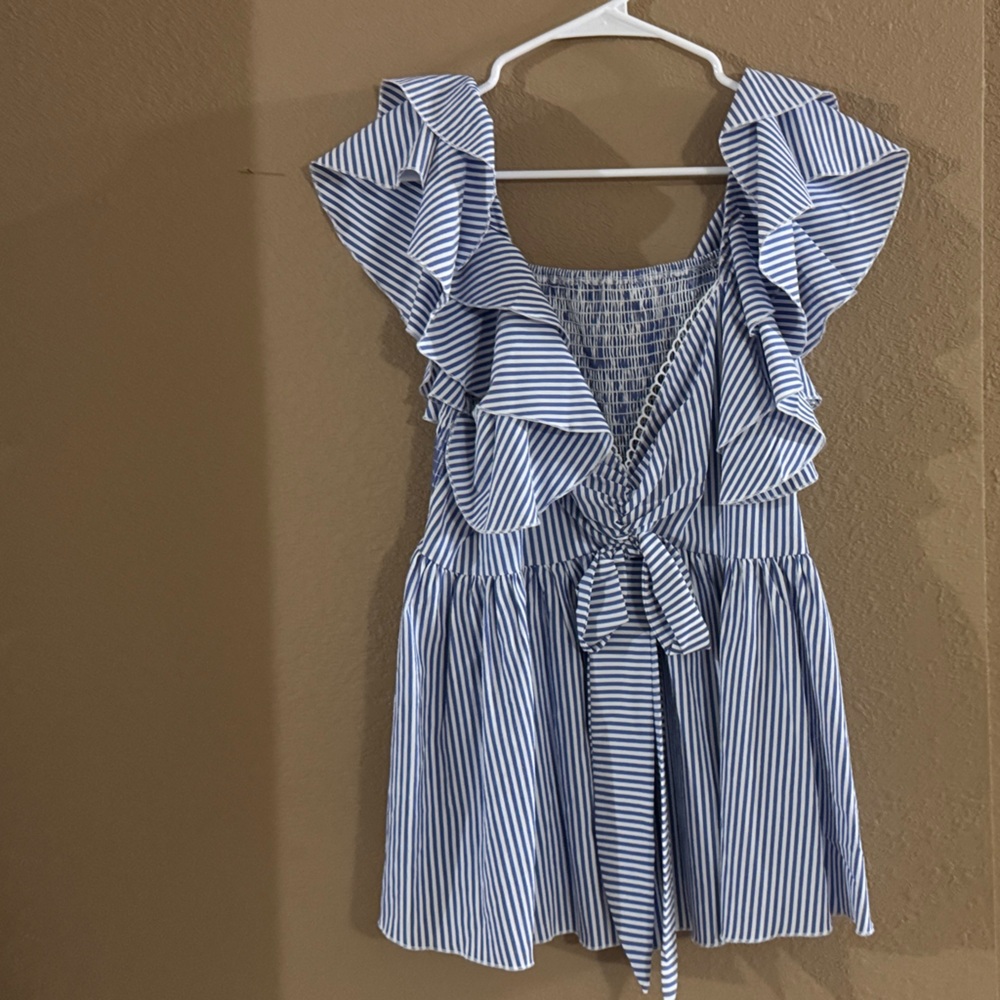 Blue and White Striped Ruffle top
